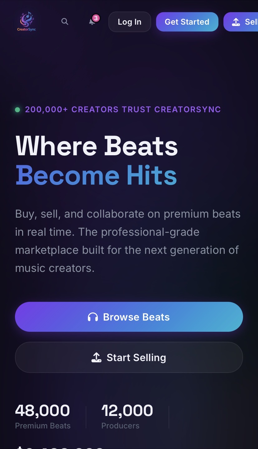 CreatorSync marketplace hero screen