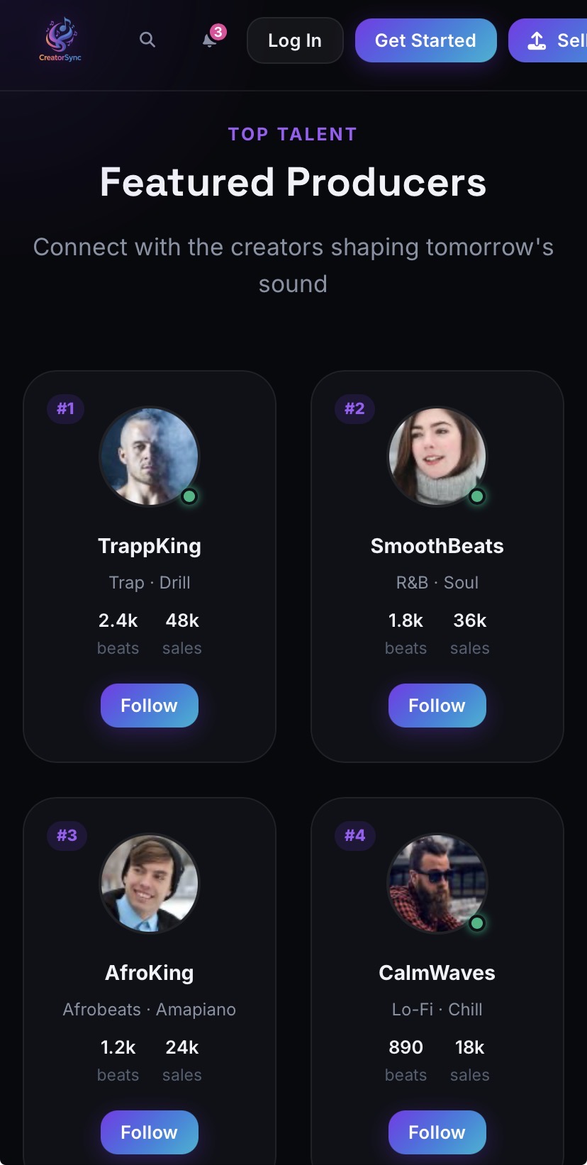 CreatorSync featured producers section