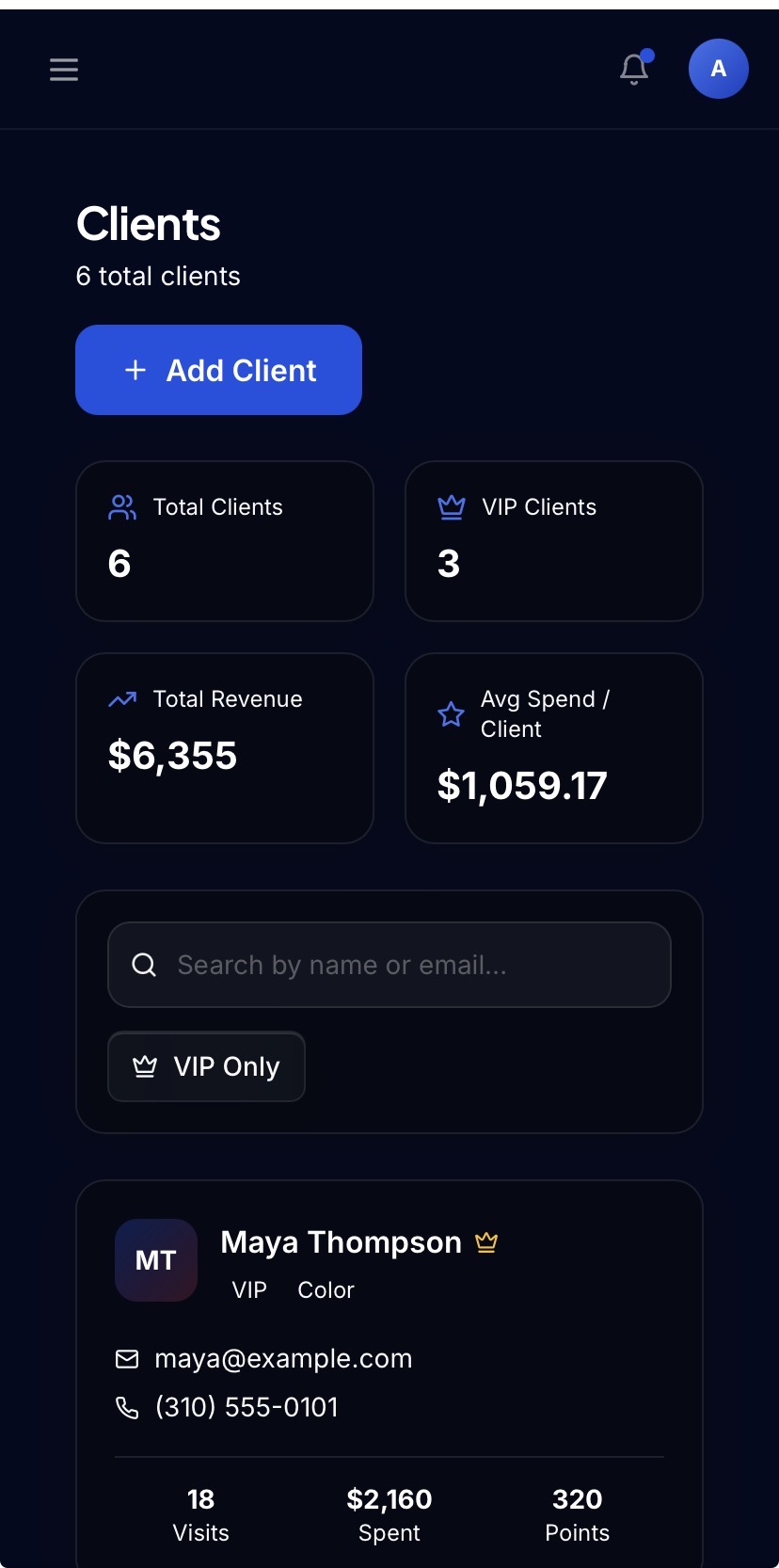 SalonShop client list and VIP customers