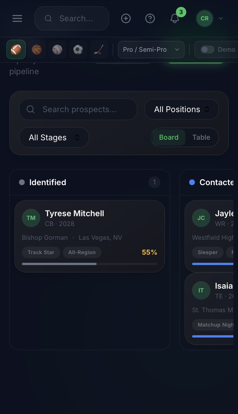 ScoutVision sport selection UI
